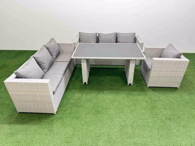 Fimous Light Grey Rattan and Metal Industrial Garden Furniture Set with Glass Table
