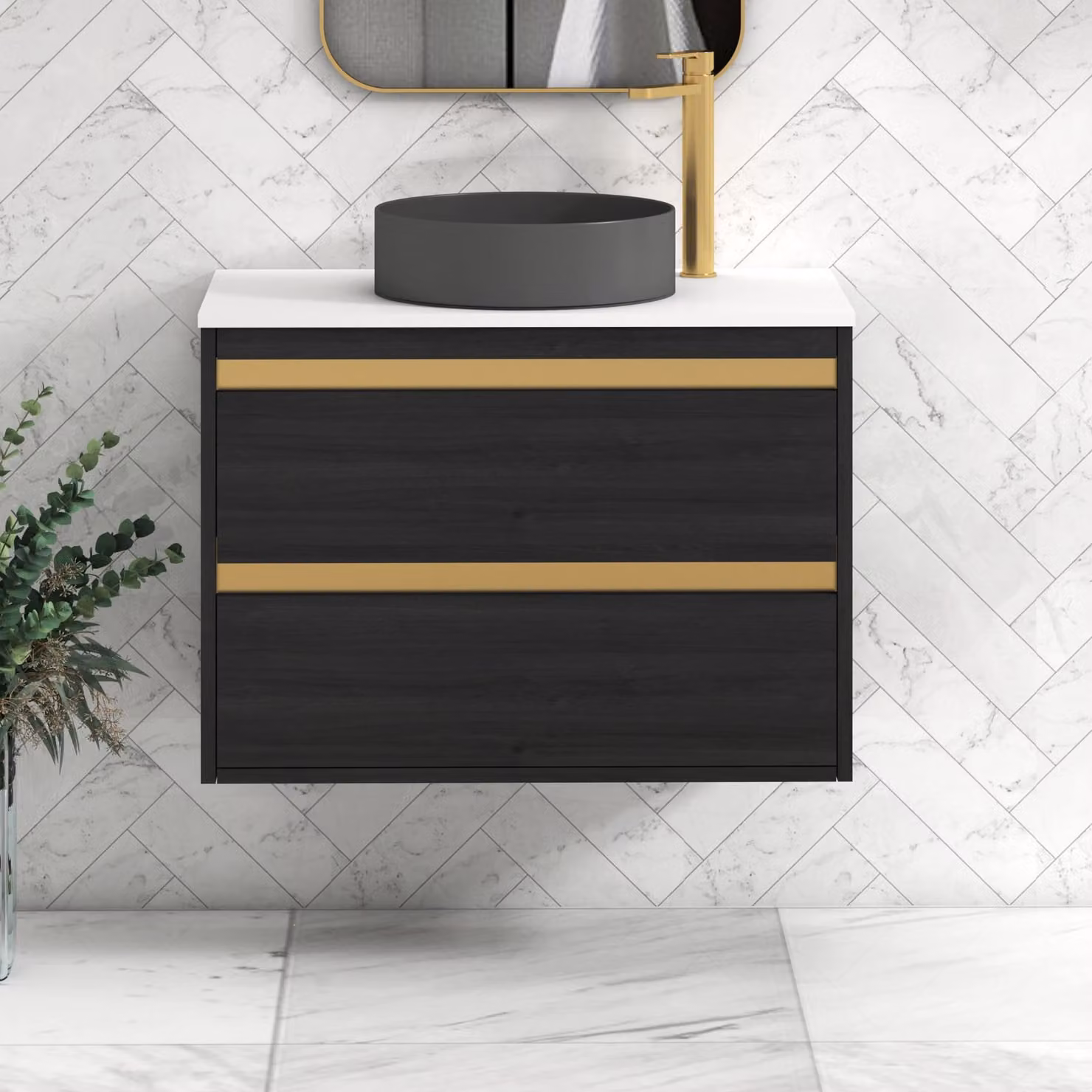 Royal Bathrooms Orion 800mm Hale Wall Hung Vanity Unit with 2 Drawers, White Countertop and Art Round Basin, Black with Brushed Brass Accents
