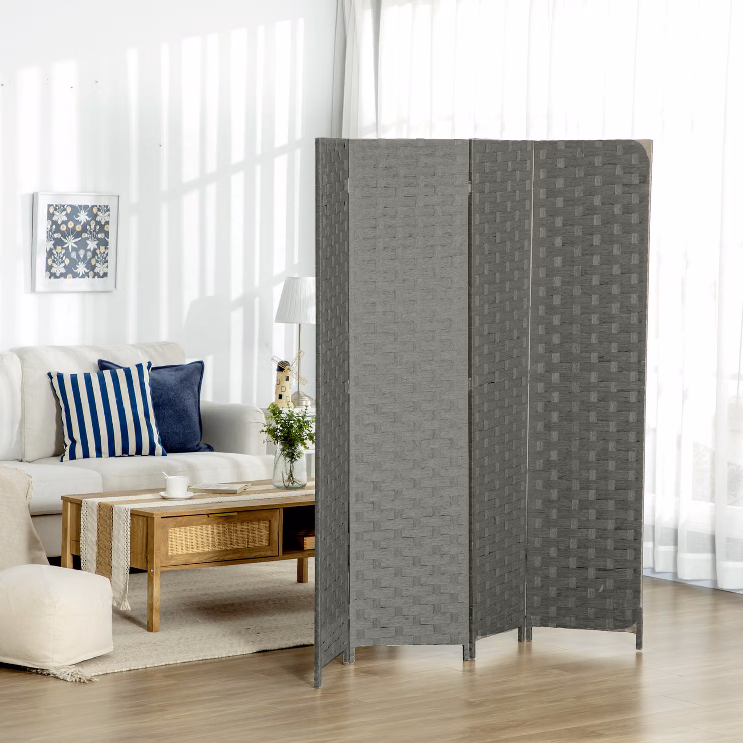 HOMCOM 4-Panel Wave Fibre Room Divider, Grey Freestanding Folding Privacy Screen, Height: 170 cm – 2