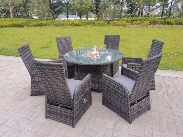 Fimous 6 Seater Rattan Outdoor Garden Furniture Set with Gas Fire Pit Dining Table and Chairs in Dark Grey
