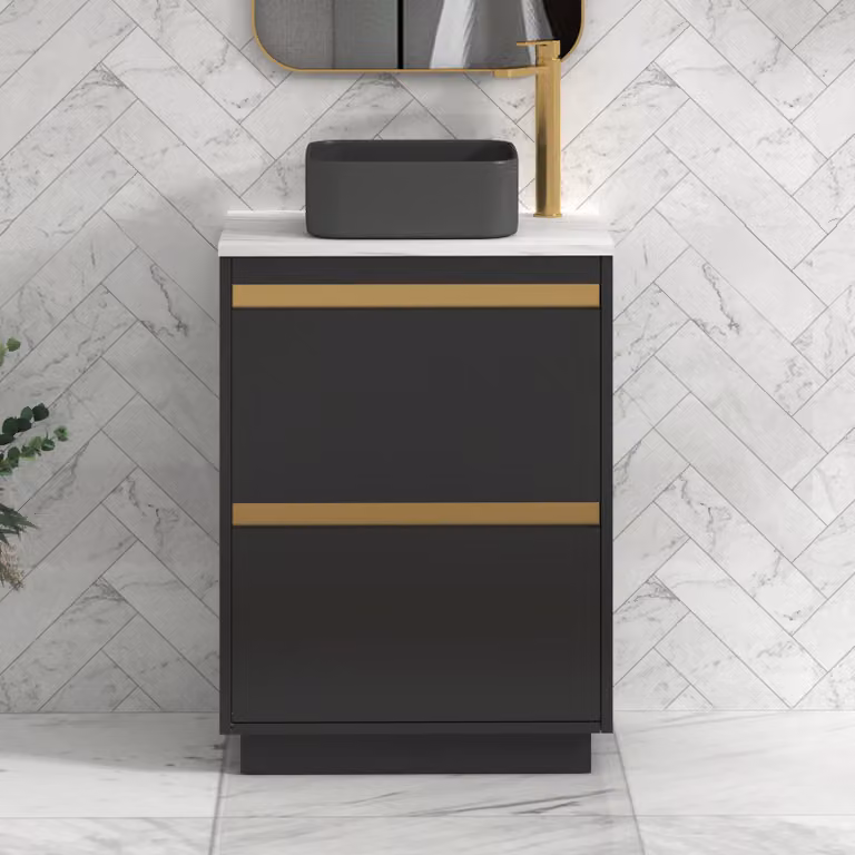 Royal Bathrooms Orion 600mm Matt Obsidian Black Floor Standing Countertop Vanity Unit with 2 Drawers, Art Square Basin and Brushed Brass Accent Trim