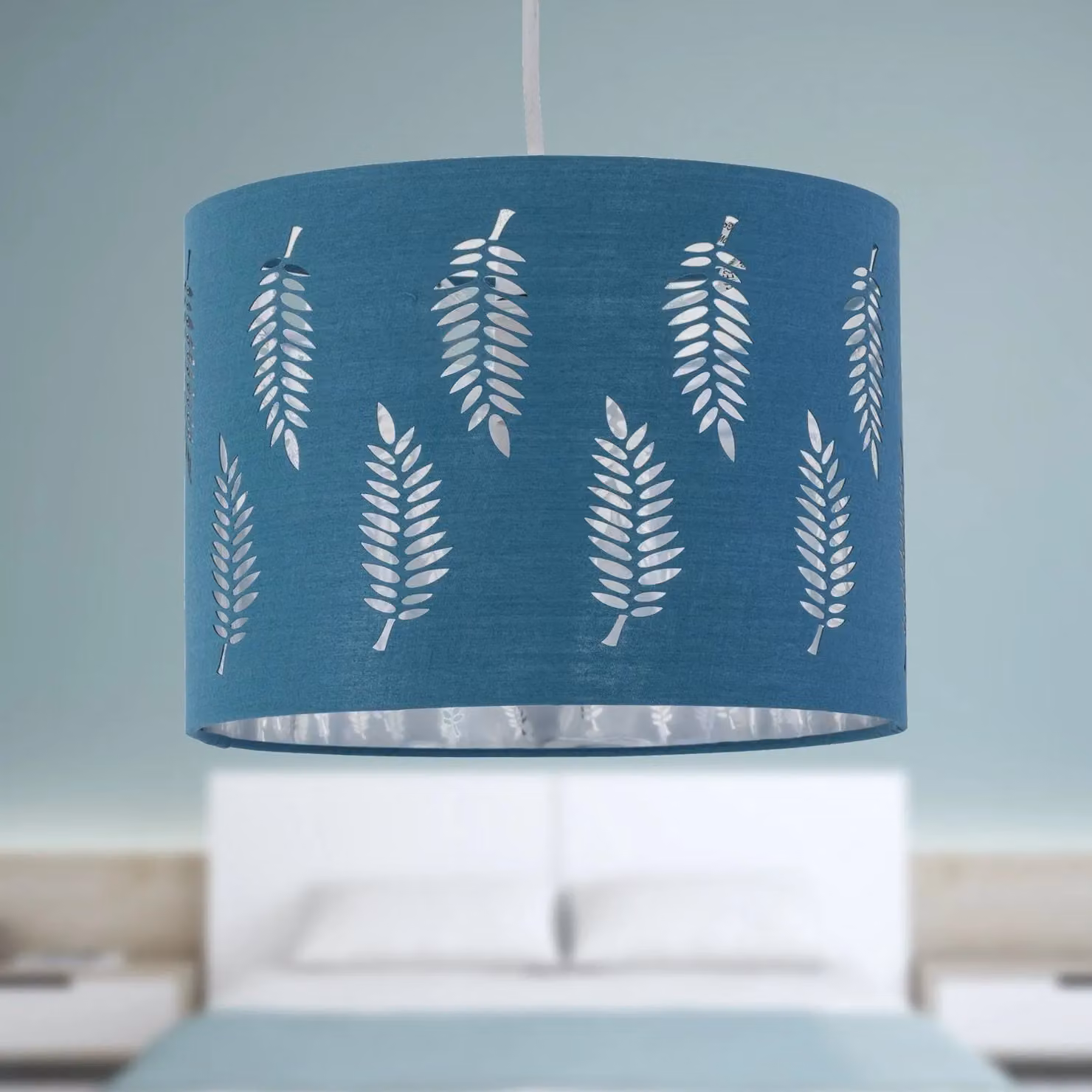 First Choice Lighting Fern Teal Cut Out Round Fabric Pendant Lightshade, Diameter: 30 cm – 4