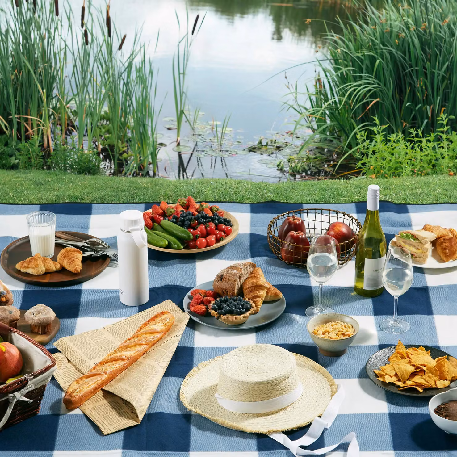 VonShef Blue and White Tartan Picnic Blanket with Waterproof Underside, W: 147 cm, D: 180 cm – 5