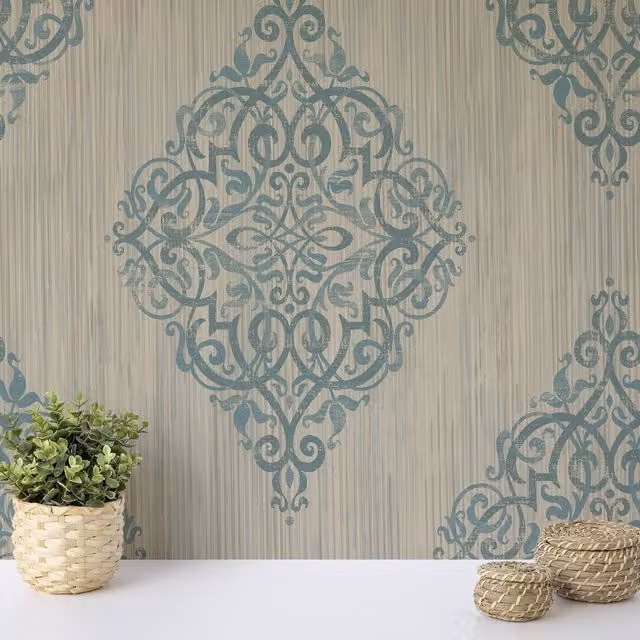 Wallquest Classic Floral Damask Wallpaper in Petrol, Gold and White