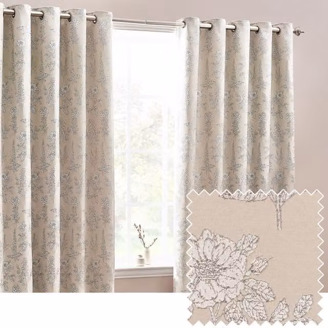 Wylder Nature Sophia Floral Jacquard Eyelet Curtains in Green and Beige, Width: 117 cm, Drop: 137 cm