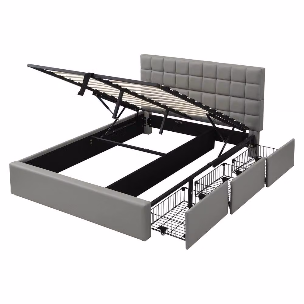 ModernLuxe Upholstered Double Bed in Grey with Hydraulic Lift-Up Storage and 3 Drawers, W/D/H: 140 x 190 x 148 cm – 5