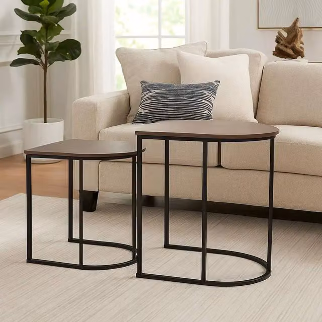 EONLION Nest of 2 Round Coffee Tables in Brown and Black with Metal and Woodgrain Finish – 1