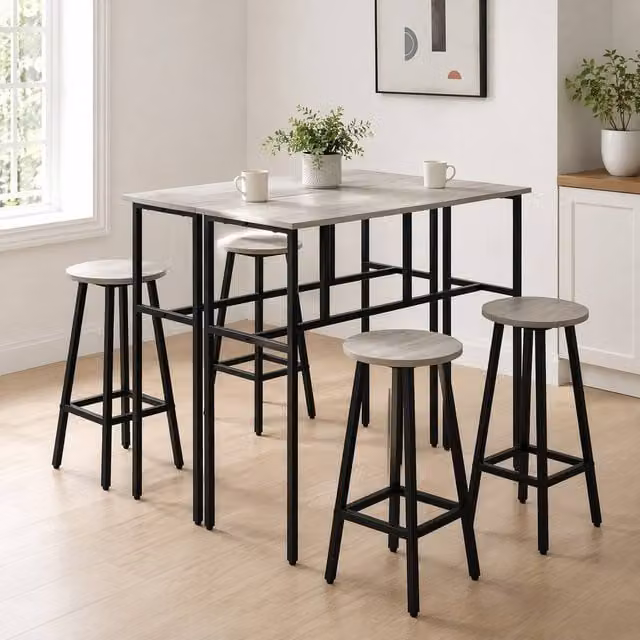 STILVORA Modern Bar Table and Chairs Set with Grey MDF Laminate and Black Steel Frame – 1