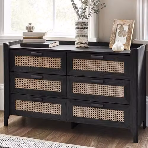 Julian Bowen Sydney Rattan Print 6 Drawer Wide Chest in Black – 1