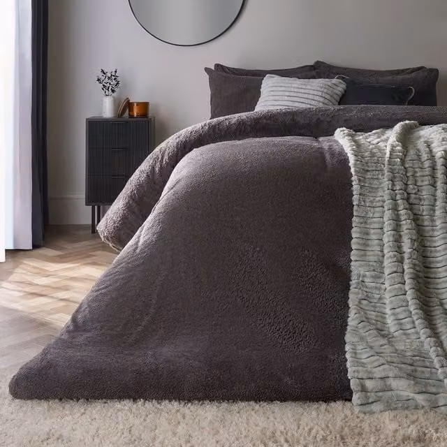 OHS Thermal Soft Teddy Fleece Duvet Cover and Pillowcase Set in Anthracite Grey, W: 180 cm, H: 200 cm – 1