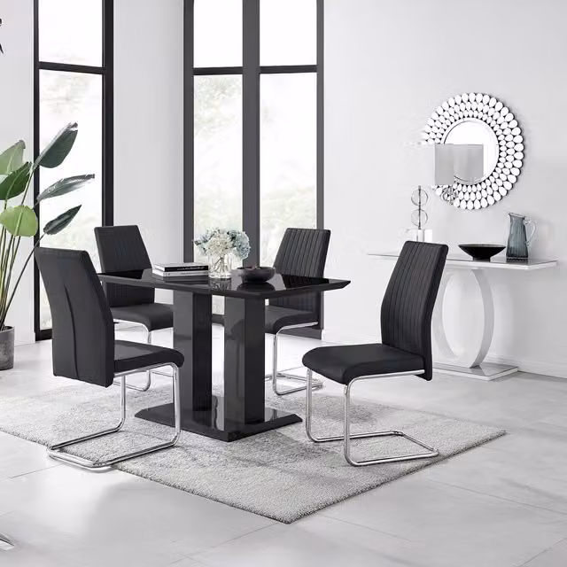 FurnitureboxUK Imperia 4 Modern Black High Gloss Rectangular Dining Table and 4 Lorenzo Chrome Chairs Set