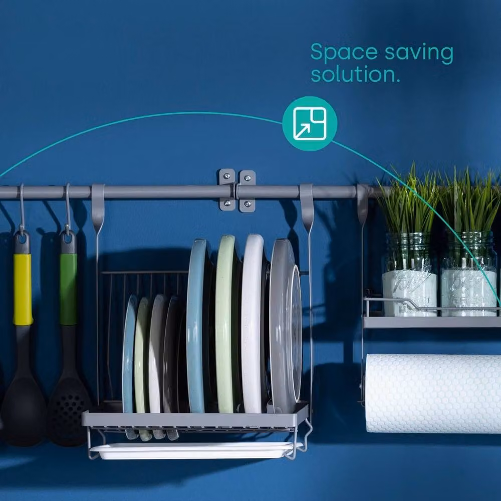 NESTLUNE Foldable Hanging Metal Dish Drainer Rack with Drip Tray, Grey, W: 100 cm, D: 15 cm, H: 15 cm – 2