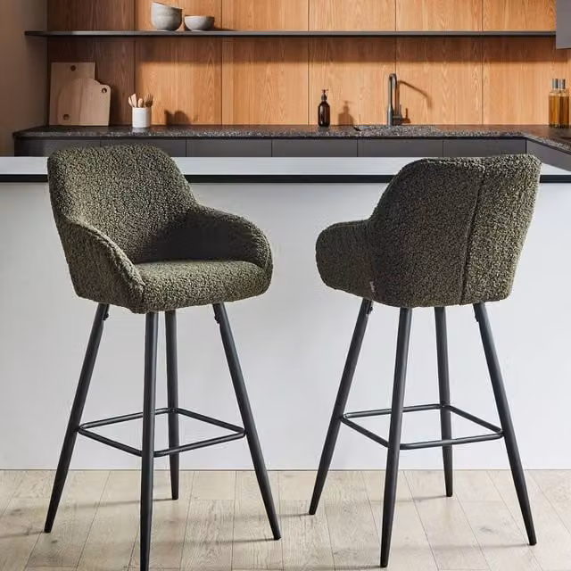Wyld and Coco Set of 2 Dark Green Boucle Bar Stools with Armrests and Backrest