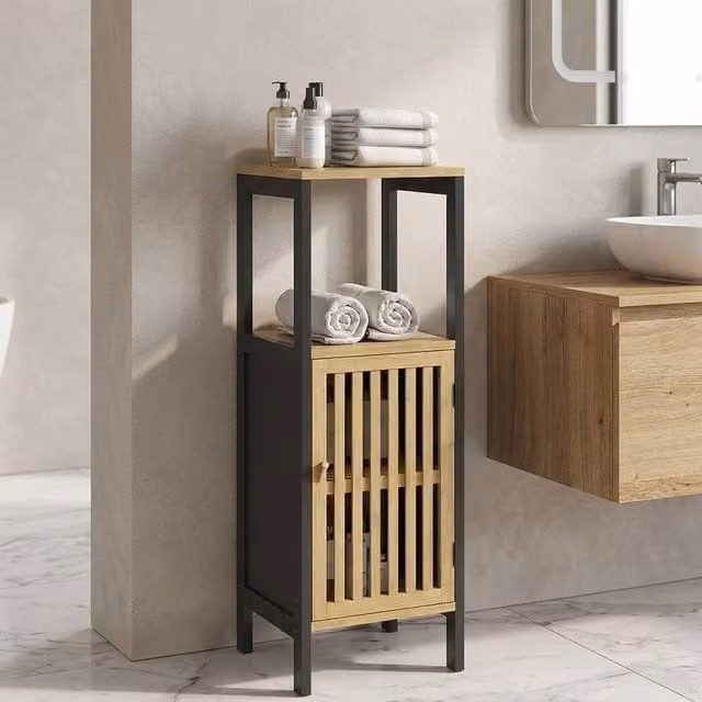 STILVORA Black Bamboo Bathroom Storage Unit with Cupboard and Shelves – 1