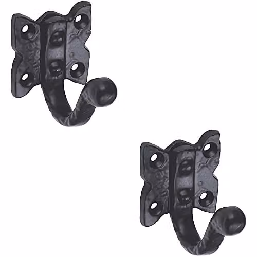 Loops 2 Pack Single Ornate Wall Mounted Wardrobe Hooks on Butterfly Backplate, Black Antique, 4.7 cm Projection – 1