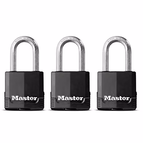 Master Lock Pack of 3 Heavy Duty Keyed Padlocks with Medium Shackle in Silver and Black Laminated Steel – 1