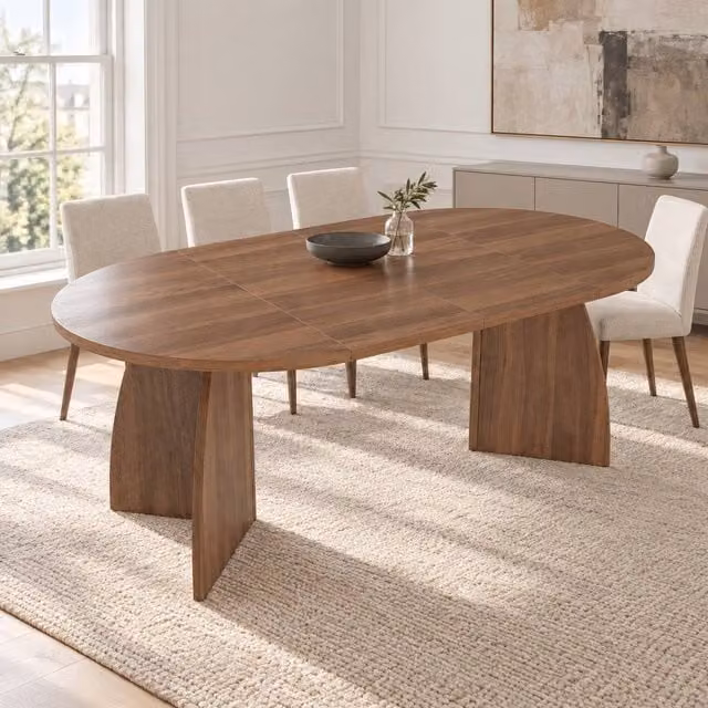 Merax Extendable Round to Oval Dining Table with Pedestal in Walnut Brown – 1