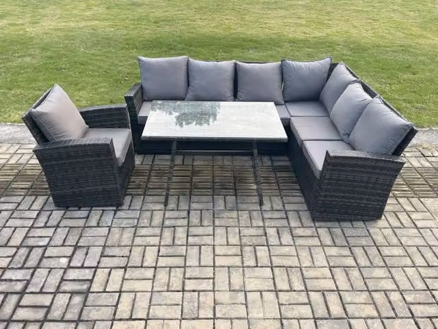 Fimous Modern Rattan Garden Dining Set with Rectangular Tempered Glass Table and Corner Sofa in Dark Grey Anthracite