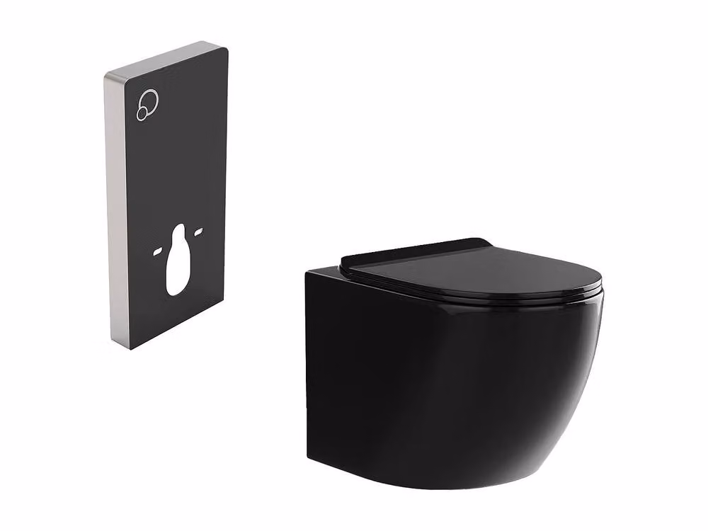 Vente-unique Wall-Hung Rimless Ceramic WC Pack with Decorative Concealed Cistern Frame in Gloss Black – 2