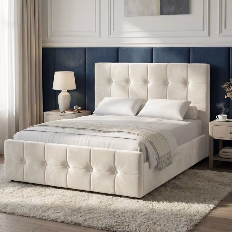 DHS Square Velvet Ottoman Storage Bed Frame in Beige, Small Double (4ft), 120 x 200 cm