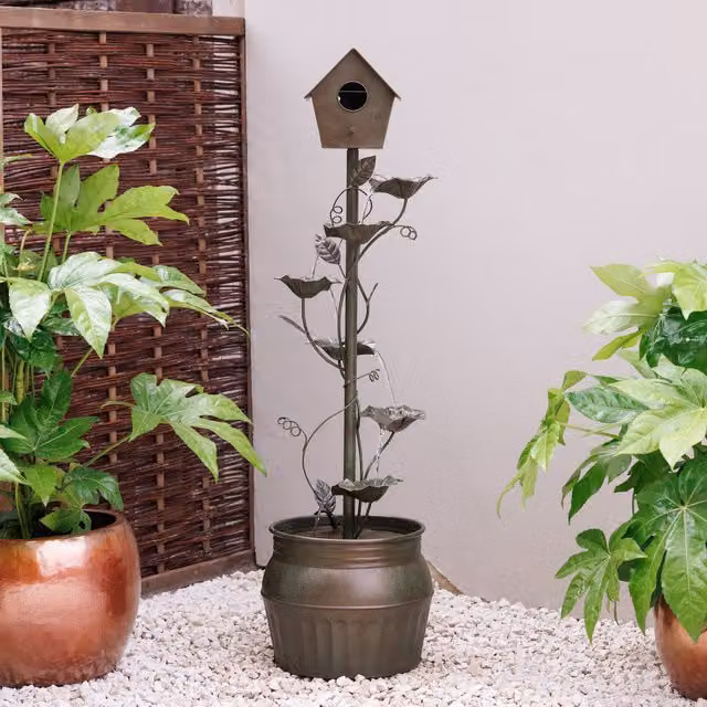Primrose Enchanted Zinc Cascading Bird Box Water Feature, Brown Metal Tabletop Design