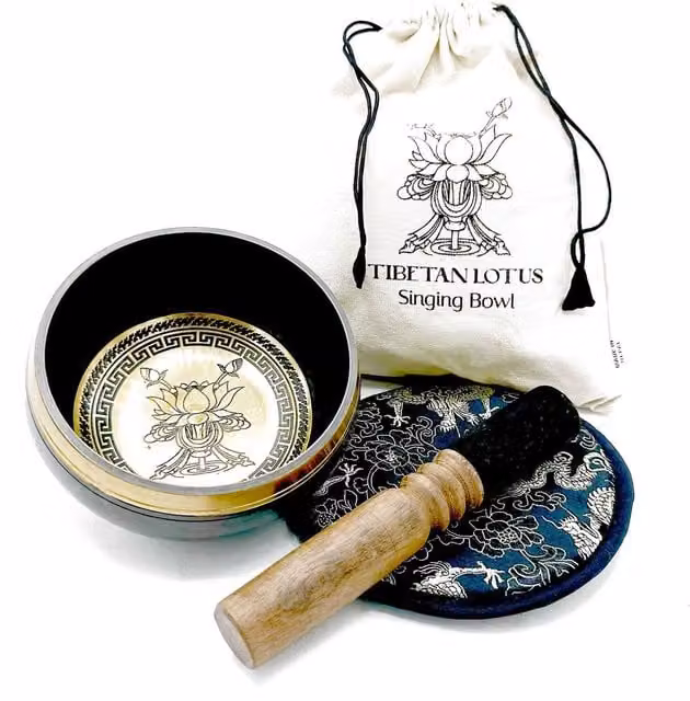 KDMK Hand Beaten Engraved Singing Bowl Gift Set with Lotus Flower Design, Gold
