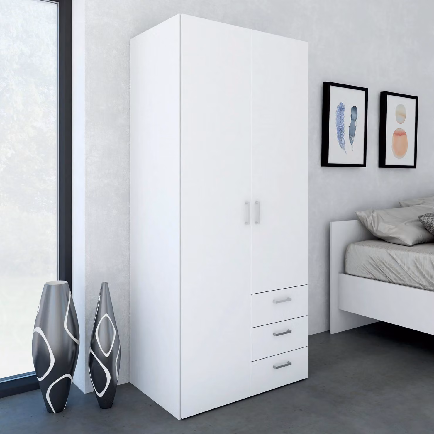 Furniture To Go Space Wardrobe with 2 Hinged Doors and 3 Integrated Drawers in White – 2