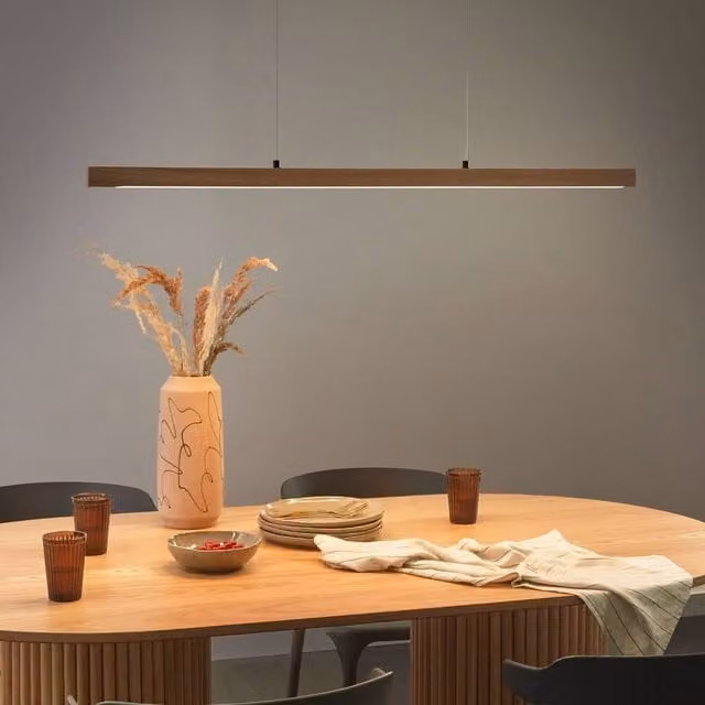 Wyld and Coco Dimmable LED Pendant Bar Light in Brown Wood with Remote Control, W/D/H: 120 x 43 x 43 cm