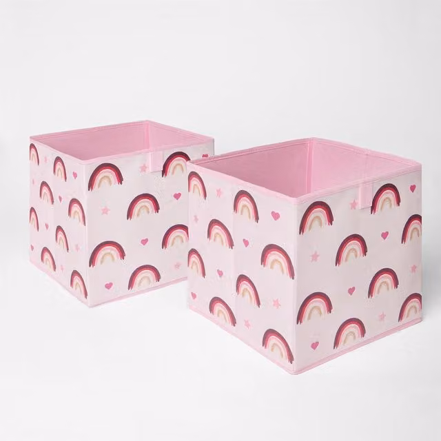 OHS Pack of 2 Foldable Rainbow Storage Boxes in Pink and Multicolour Fabric and Wood