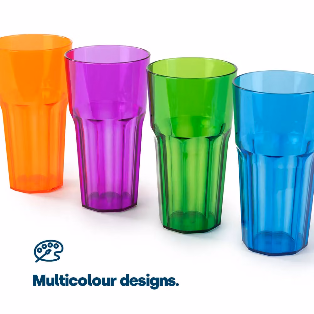 LIVIVO Set of 4 Multicolour Reusable Plastic Tumblers, 600ml, Stackable and BPA Free – 4
