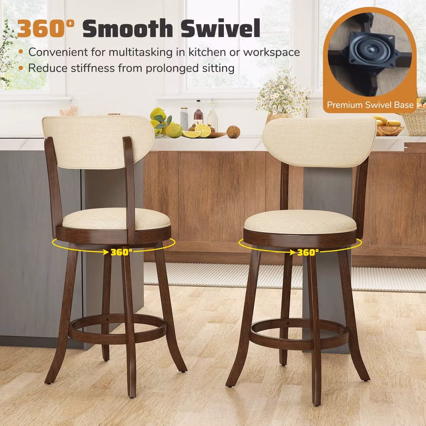 Costway Set of 2 Beige Fabric Swivel Counter Height Stools with Rubberwood Legs – 7