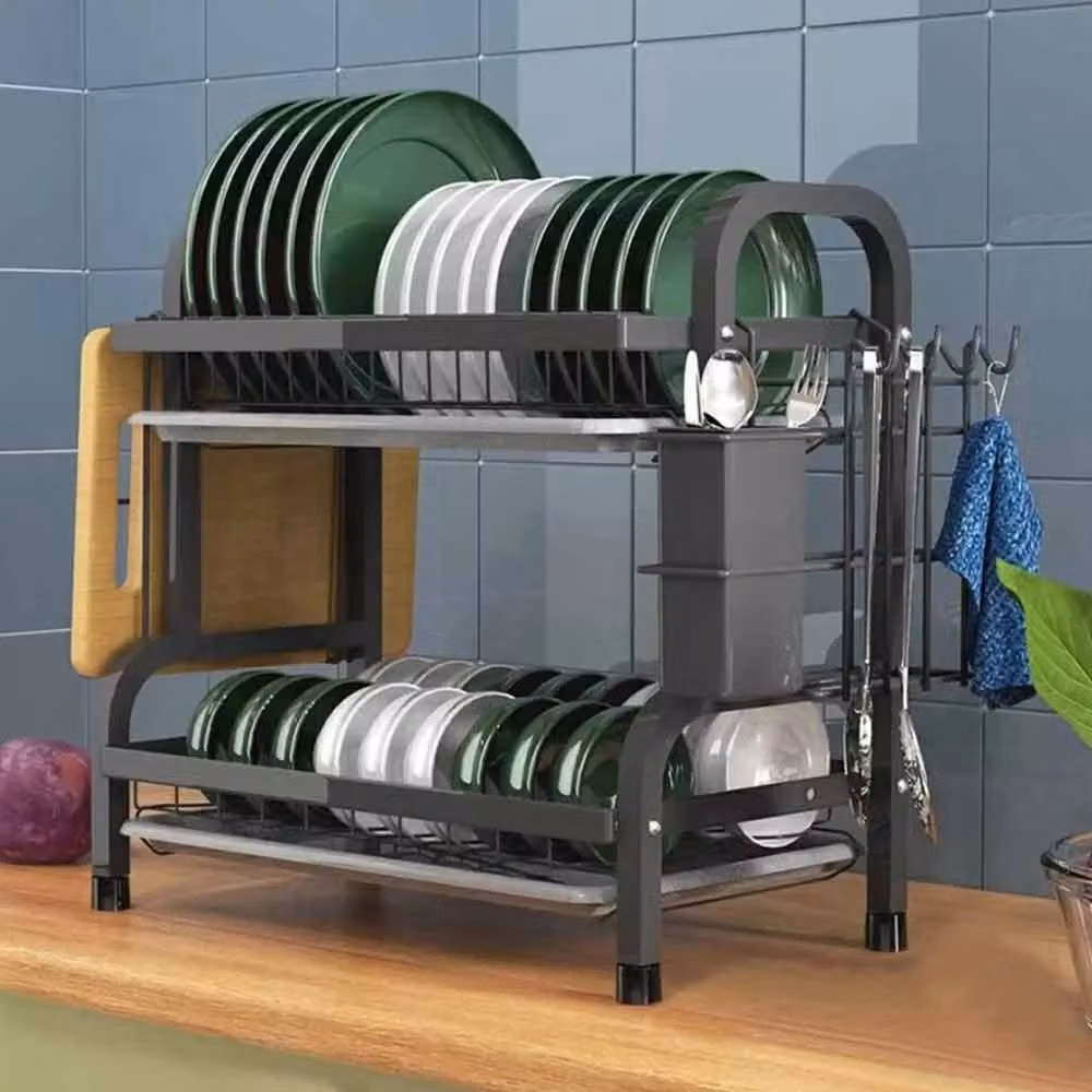 KORVIXA 2-Tier Multi-Function Dish Drainer Rack in Black, W: 52 cm, D: 39 cm, H: 52 cm – 4