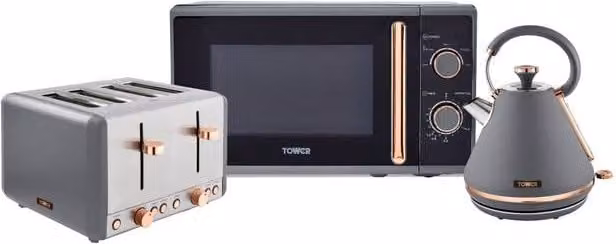 Tower Cavaletto Kitchen Appliance Set including 1.7L Kettle, 4-Slice Toaster and 20L Microwave in Grey and Rose Gold