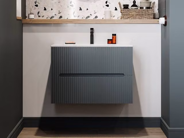 Vente-unique Wall-Mounted Bathroom Unit with Inset Ceramic Basin in Ribbed Grey, W: 80 cm, D: 45.5 cm, H: 55 cm – 1
