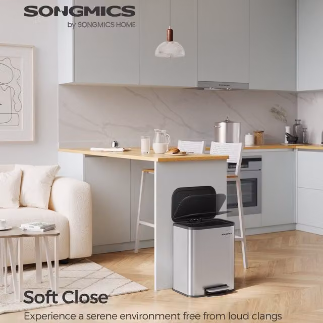 SONGMICS 20L Stainless Steel Pedal Kitchen Bin with Soft-Close Lid, Silver