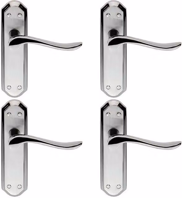 Loops 4 Pairs of Curved Lever Latch Handles with Sculpted Backplates in Polished Chrome, W: 180 mm, H: 48 mm