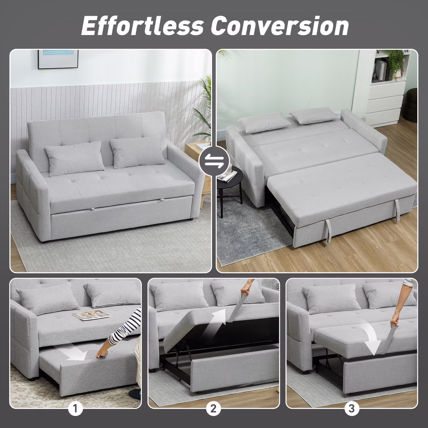 HOMCOM 2-Seater Click-Clack Sofa Bed in Light Grey Fabric with Foam Upholstery and Scatter Cushions – 2