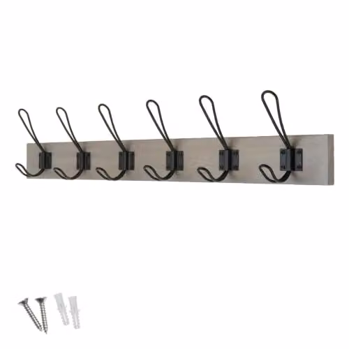 keypak Rustic Wall Mounted Coat Rack with 6 Double Wire Hooks and Ash Wood Base in Black, Grey or Brown – 1