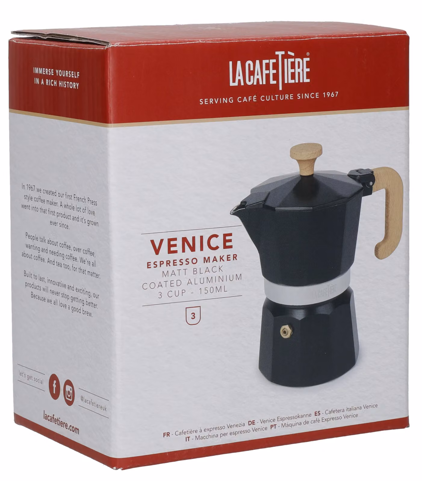 La Cafetiere Venice Aluminium Espresso Maker, Black, 3 Cup – 4