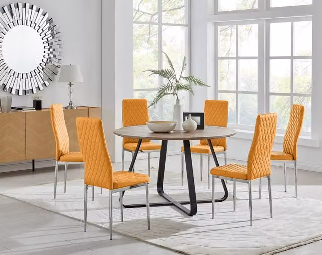 FurnitureboxUK Santorini Round Brown Wood Effect Dining Table and 6 Milan Mustard Faux Leather Chairs with Chrome Legs, W/D/H: 120 x 120 x 75 cm