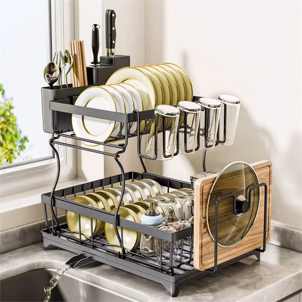 Havendro 2 Tier Expandable Dish Drainer Rack with Cutlery Holder and Drip Tray, Black, W: 100 cm, D: 15 cm, H: 33.02 cm – 6