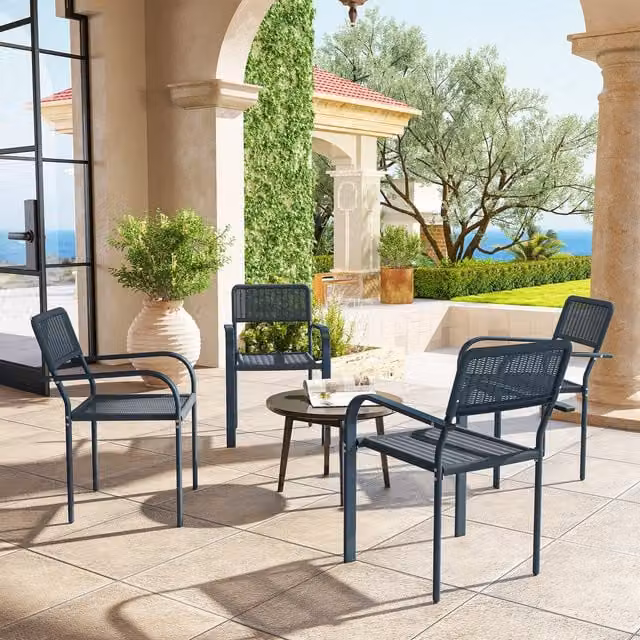 Outsunny Set of 4 Stackable Rattan Effect Garden Chairs with Armrests in Dark Grey