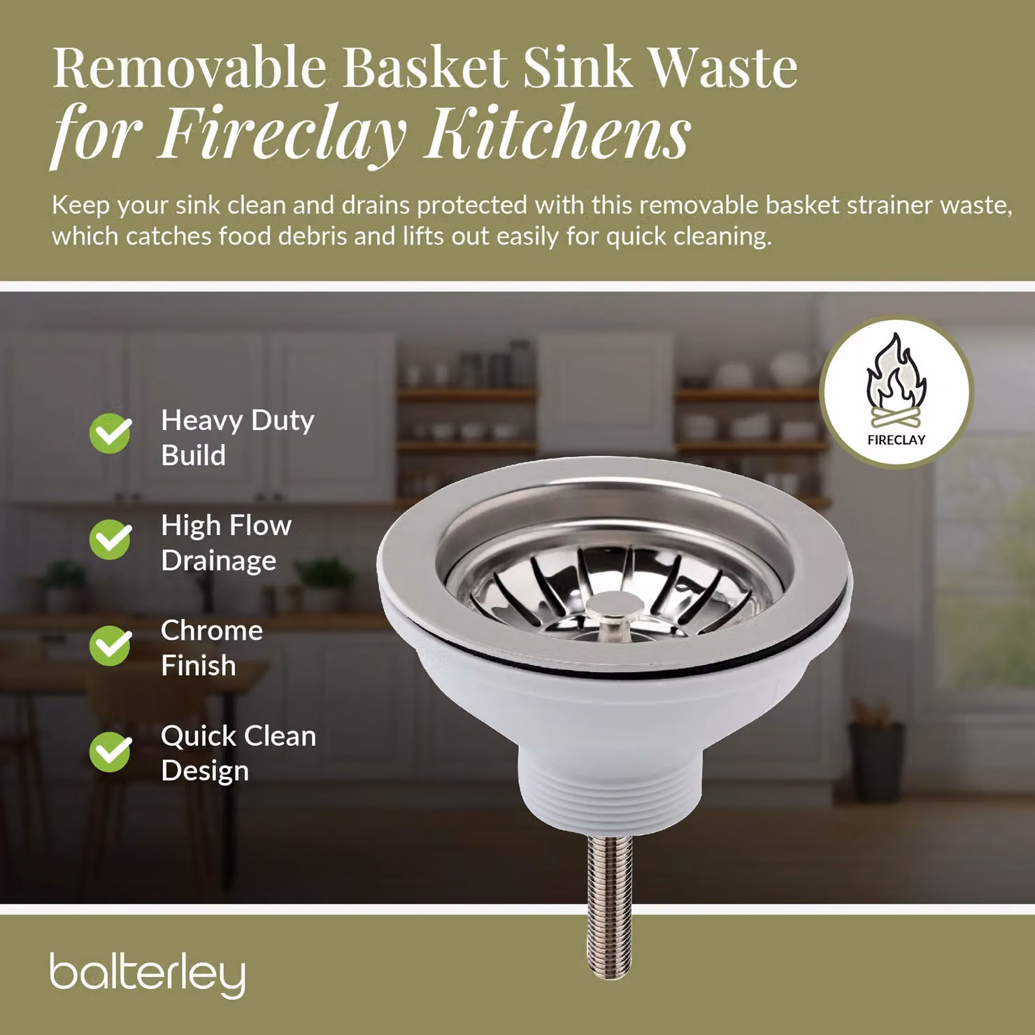 Balterley Kitchen Sink Waste Kit with Stainless Steel Basket Strainer and 1 1/2 inch Pipe, Chrome, W/D/H: 11.5 x 11.5 x 6.3 cm – 3