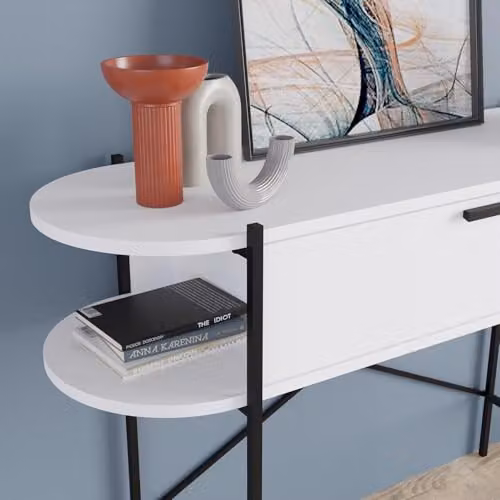 FWStyle Otis Minimalist Console Table with 1 Drawer and 2 Shelves, Matt White and Black Metal Frame, W/D/H: 130 x 41.2 x 86.2 cm – 3