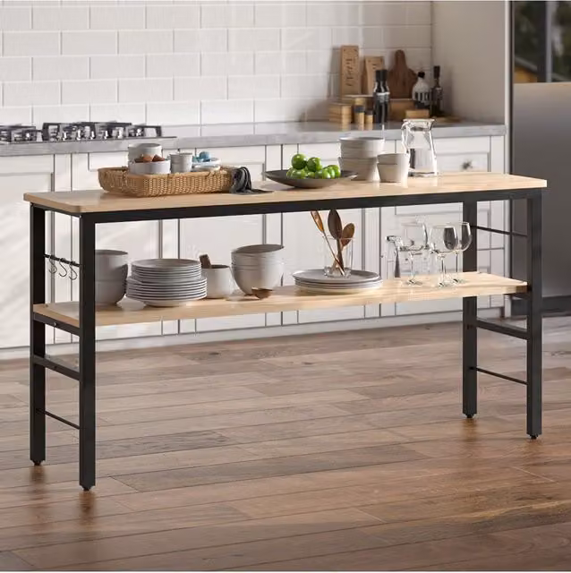 Living and Home 2-Tier Microwave Stand Kitchen Organiser with Hooks, Black in Natural, W/D/H: 160 x 40 x 80 cm