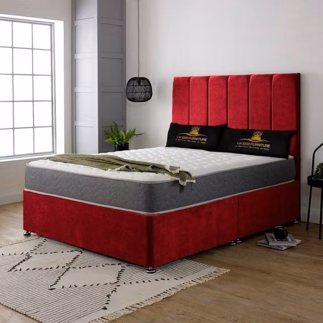 UK Bed Furniture Savannah Divan Bed with 2 Drawers and 26 Inch Headboard in Red Velvet, Small Double, W/D/H: 120 x 200 cm – 1