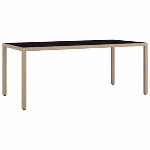 vidaXL Extendable Rectangular Garden Table with Tempered Glass Top in Beige Poly Rattan and Powder Coated Steel, W/D/H: 190 x 90 x 75 cm