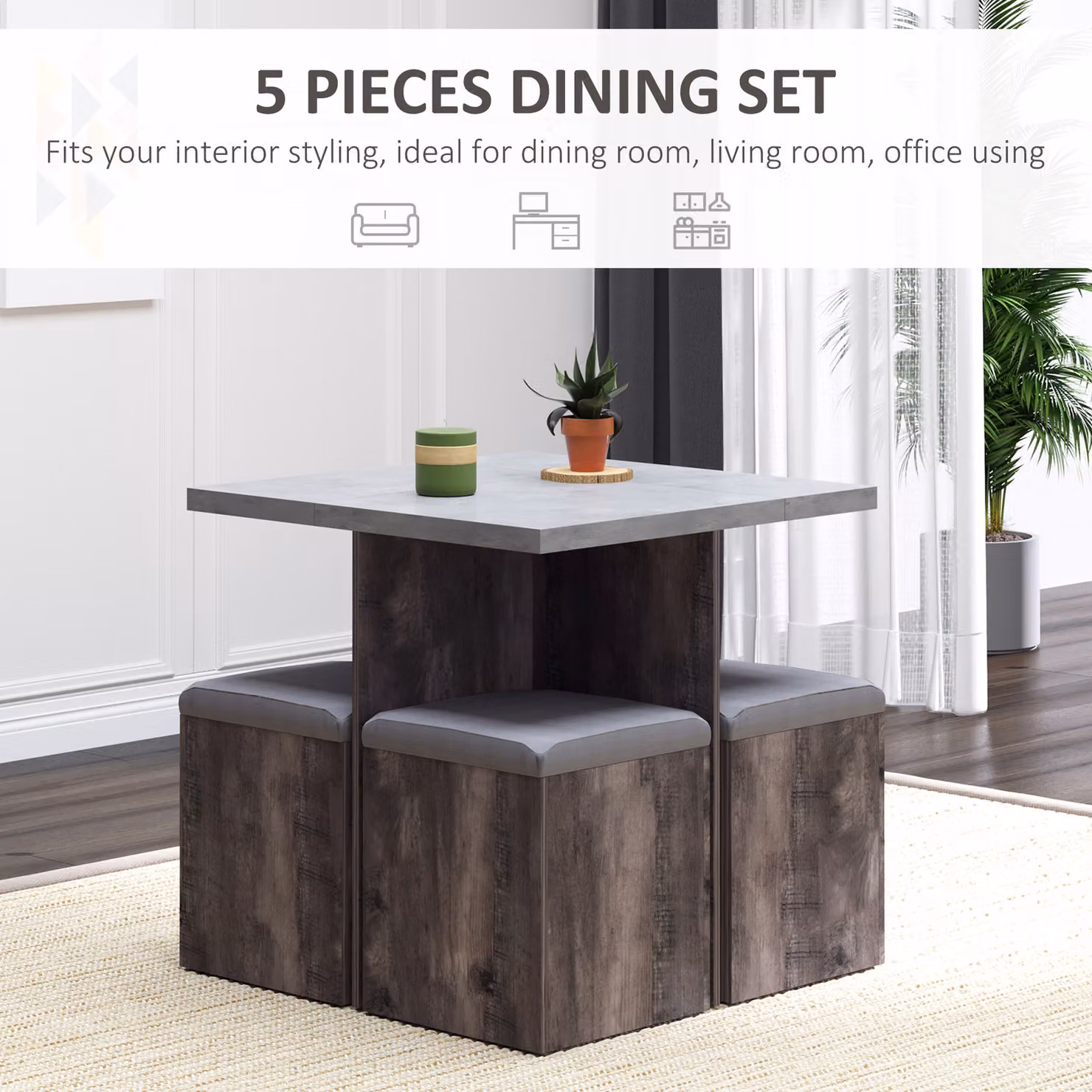HOMCOM 5 Piece Wooden Garden Dining Set with Table and 4 Grey Storage Stool Ottomans – 5