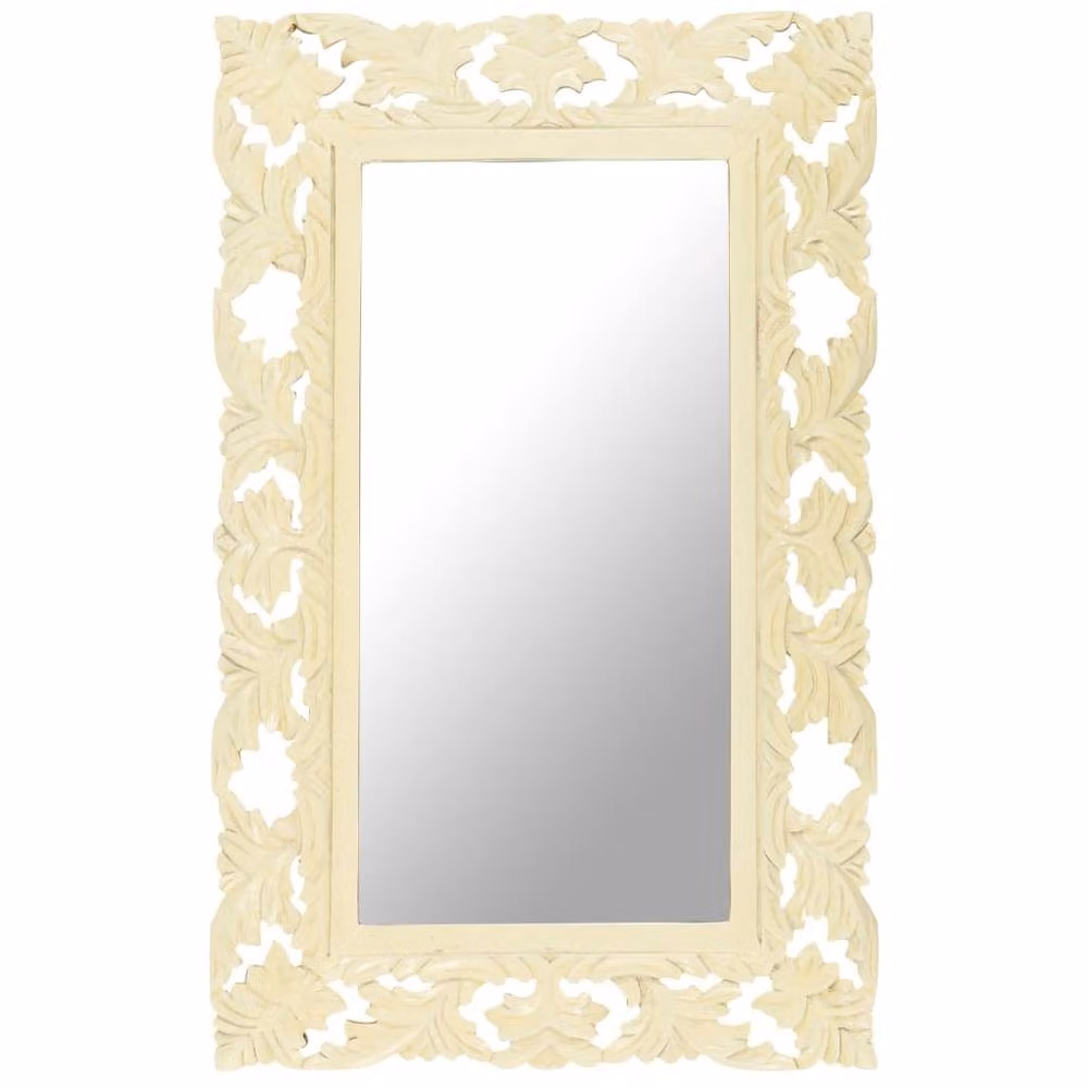 Berkfield Home Hand Carved Rectangular Wall Mirror in Off-White Solid Mango Wood W: 80 cm, H: 50 cm – 2