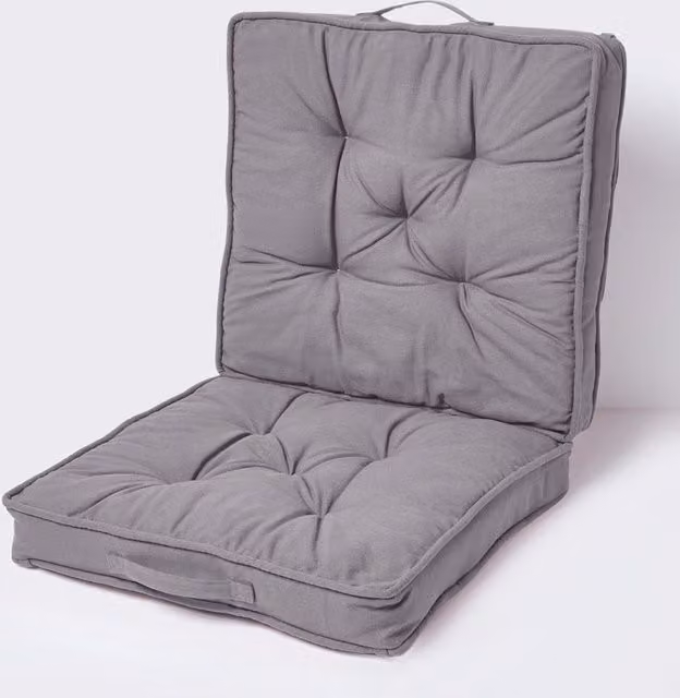 Homescapes Grey Cotton Travel Booster Cushion, Firm Square Seat Pad and Backrest, W/D/H: 50 x 50 x 10 cm